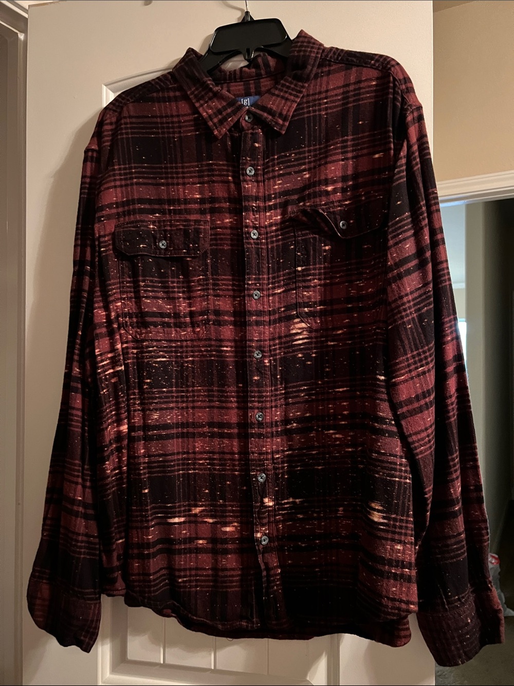 Texas Aggie Fans!
George Dark Burgundy and Black Plaid Shirt Hand Bleached
